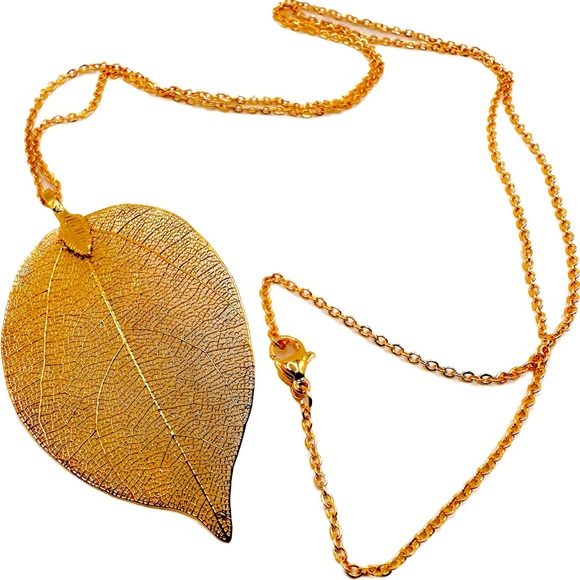 NWOT Unique Gold Plated Natural Real Leaf & Gold Plated Necklace Handmade - Picture 2 of 5